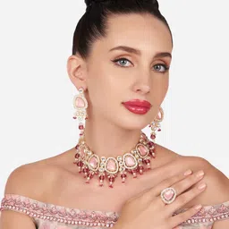 Zaveri Pearls Rose Gold-Plated Kundan-Studded & Beaded Jewellery Set-picture-36