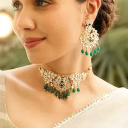 Rubans 18K Gold-Plated Kundan Studded & Emerald Green Beaded Traditional Choker Set-image-68