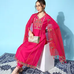 Sangria Women Floral Yoke Design Regular Kurta with Trousers & With Dupatta-picture-21