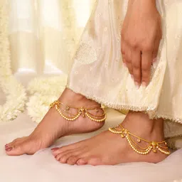 Rubans Set of 2 Pearls & Stone Studded 24K Gold Plated Layered Anklet-picture-44