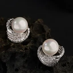 Carlton London Silver-Toned & Off-White Rhodium-Plated Stone-Studded Spherical Studs-picture-28
