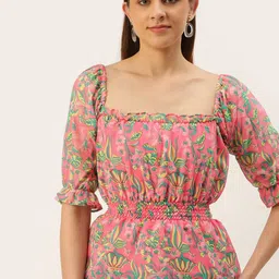 MELOSO Pink & Sea Green Floral Print Georgette Cinched Waist Top-picture-10