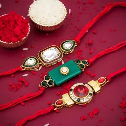 Sukkhi Rakhi Men Set Of 3 Gold-Plated & Red Stone-Studded & Beaded Rakhi With Roli Chawal & Raksha Bandhan Greeting Card-picture-32
