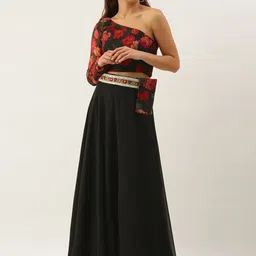 Ethnovog Black  Red Digital Printed Thread Work Made to Measure Fusion Lehenga Choli-image-73