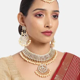 ASMITTA JEWELLERY Women Gold-Toned Kundan Pearl Studded Necklace Set with Maang Tika-picture-38
