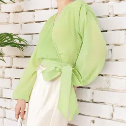 DressBerry Feminine Glam Accordion Pleats Drop Shoulder Wrap Top-image-38