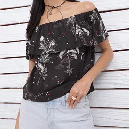 DressBerry Monochrome Magic Shoulder Show Floral Bardot Top-picture-24