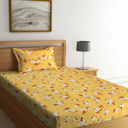 KLOTTHE Yellow & White Floral 300 TC Fitted Single Bedsheet with 1 Pillow Cover-picture-29