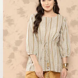 Indo Era Printed Puff Sleeves Cotton Cambric Longline Top-picture-22