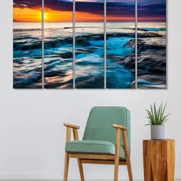 999Store Set of 5 Black & Yellow Printed Sunset And Sea View Framed Wall Art-image-97