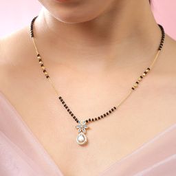 Rubans 18K Gold-Plated Cubic Zirconia Studded Floral Black & Gold Beaded Mangalsutra Chain-picture-10