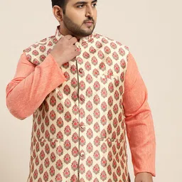 SOJANYA PLUS Men Cream Coloured & Coral Red Ethnic Motifs Print Silk Blend Nehru Jacket-picture-44