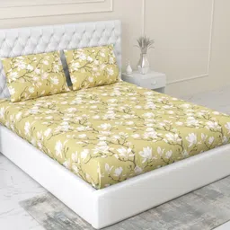 haus & kinder SS 25 Yellow Printed Cotton 144 TC Fitted Queen Bedsheet Set1.98 x 1.52 m-picture-27