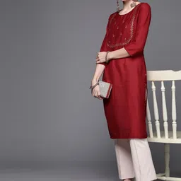 Biba Women Red Ethnic Motifs Embroidered Regular Sleeves Thread Work Kurta-picture-16
