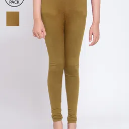 KLOTTHE Girls Pack Of 2 Olive-Green Solid Churidar Leggings-picture-12
