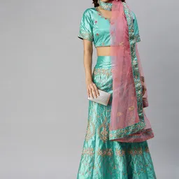 Mitera Blue & Gold-Toned Embroidered Semi-Stitched Lehenga & Unstitched Blouse with Dupatta-picture-28