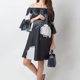 Blush 9 Maternity Printed Off Shoulder Bell Sleeve Satin Maternity Fit & Flare Dress-picture-34