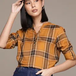 Roadster Checked Mandarin Collar Roll-Up Sleeves Shirt Style Top-image-2