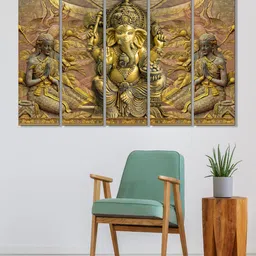 999Store Set of 5 Gold-Toned & Brown Printed Lord Ganesha Framed Wall Art-image-6