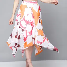 SASSAFRAS Off-White & Orange Floral Print Asymmetric Flared Midi Skirt-picture-32