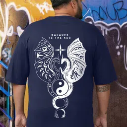 Bewakoof Plus Seek Balance Graphic Drop-Shoulder Sleeves Pure Cotton Oversized T-shirt-image-41