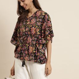 Shae by SASSAFRAS Black & Pink Printed Pure Cotton Kaftan Top-picture-23
