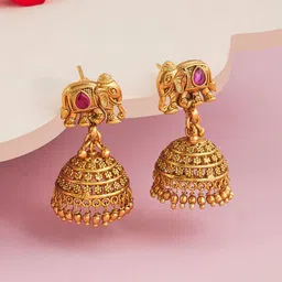 Kushal's Fashion Jewellery Gold-Plated Ruby Stones Studded Dome Shaped Antique Jhumkas-picture-18
