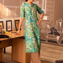 Libas Blue Floral Printed Round Neck Puff Sleeves Regular Straight Kurta-picture-21