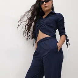 R.Code by The Roadster Life Co. Ruched Front Collared Co-ord Set with Drawstring Sleeves-image-90