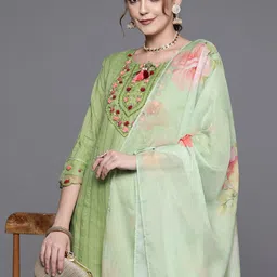 Indo Era Floral Embroidered Regular Thread Work Pure Cotton Kurta With Trousers & Dupatta-picture-31