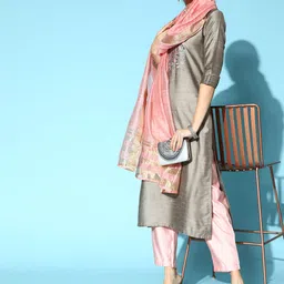 Indo Era Grey Silk Blend Calf Length Kurta Set-picture-41