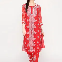 Indiankala4u Floral Embroidered Chikankari Kurta With Palazzos & Camisole-picture-30