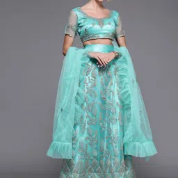 Mitera Turquoise Blue & Golden Embroidered Semi-Stitched Lehenga & Choli with Dupatta-image-2