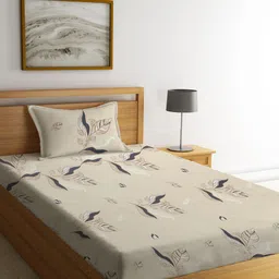 KLOTTHE Beige & Blue Floral 300 TC Fitted Single Bedsheet with 1 Pillow Cover-picture-24