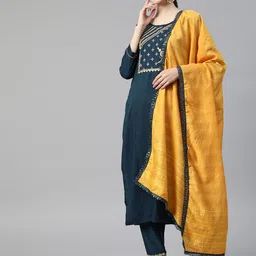 SheWill Women Teal Floral Embroidered Sequinned Kurta with Trousers & With Dupatta-picture-17