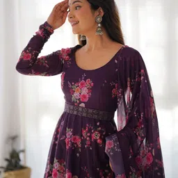 Krunal Raiyani Floral Printed Fit & Flare Chiffon Maxi Ethnic Dress With Dupatta image 1