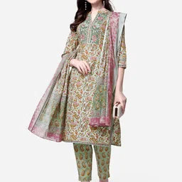 KALINI Women Green Floral Printed Gotta Patti Pure Cotton Kurta with Trousers & With Dupatta-image-35