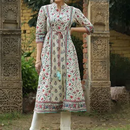 Juniper Floral Printed A-Line Kurta with Tie-Up Detail-picture-10