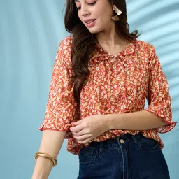 Globus Tie-Up Neck Floral Print Frill Detail Top-picture-32