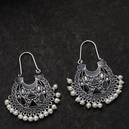 Voylla Oxidised Silver-Plated & Black Crescent Shaped Hoop Earrings-picture-32