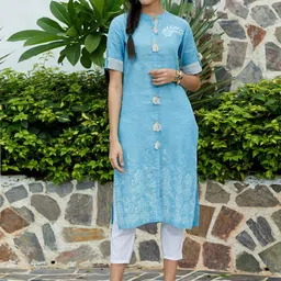 Pannkh Women Blue Self-Design Straight Kurta with Printed Detail-picture-19