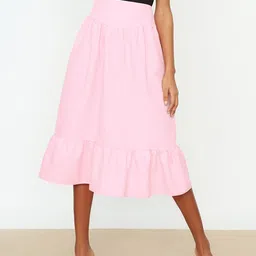 Trendyol Women Pink Solid Flounce Hem A-Line Midi Skirt-image-59