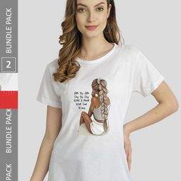 CHOZI Women White 2 Printed Extended Sleeves Bio Finish Applique T-shirt-picture-32