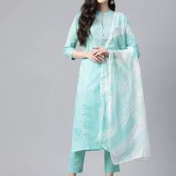 Yuris Floral Embroidered Zari Pure Cotton Kurta with Trousers & Dupatta-picture-27