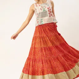 Varanga Rust Orange & Mustard Yellow Dyed Tiered Flared Maxi Pure Cotton Skirt-picture-10