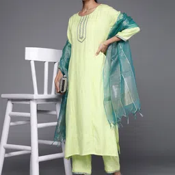 Varanga Women Green Pleated Kurta with Trousers & Dupatta-image-0