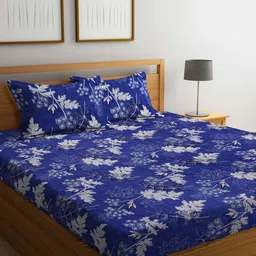 Arrabi Blue & White Floral Printed 300 TC King Size Fitted Bedsheet with 2 Pillow Covers-picture-41