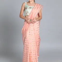 Ethnovog PinkGold-Toned Cotton Blend Printed Saree With Blouse-picture-36