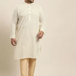SOJANYA PLUS Men Plus Size Off White Chikankari Embroidered Pure Cotton Straight Kurta-picture-3
