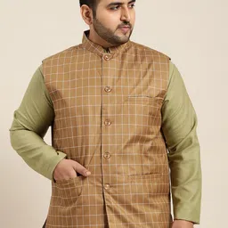 SOJANYA PLUS Size Men Brown & Off-White Checked Nehru Jacket-picture-45